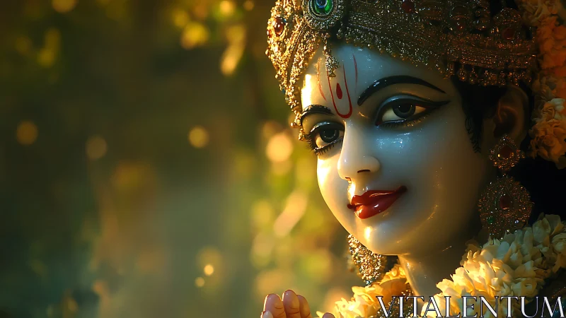 Divine jeweled deity portrait in warm cinematic bokeh light.