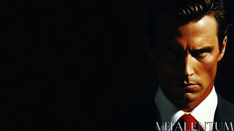 Shadowed businessman gazes forward with confident intensity