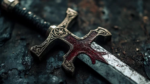 Bloodmarked crusader blade resting on battle-scarred stone.