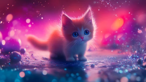 White kitten with blue eyes in neon-lit environment