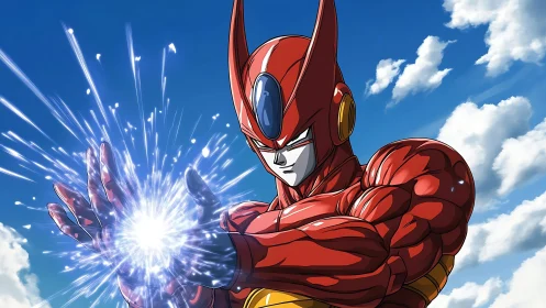 Armored red android channels concentrated blue energy sphere