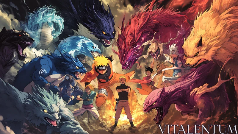 Central anime figures are surrounded by large elemental beasts