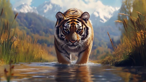 Digital painting of stalking tiger in alpine wetland corridor.