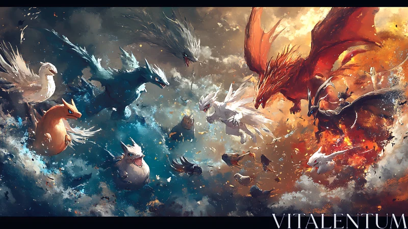 Elemental dragon clash over stormy sky battlefield.