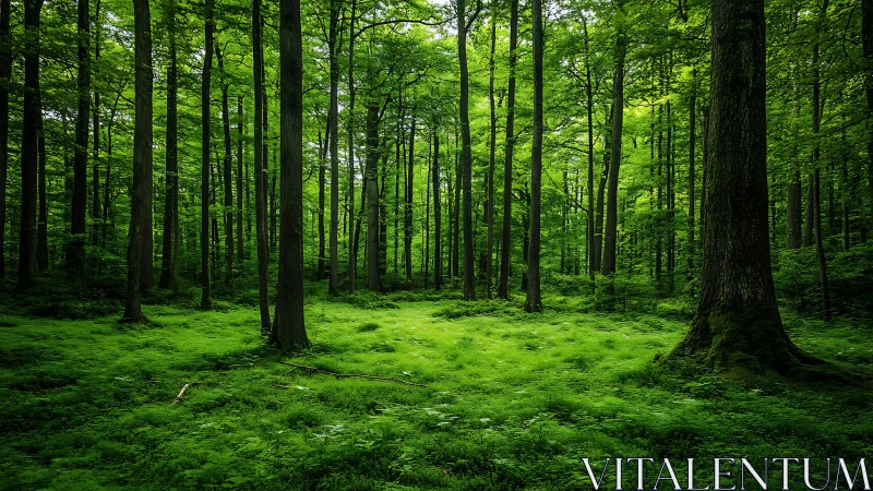 Lush green forest with tall trees in natural daylight, serene mood.