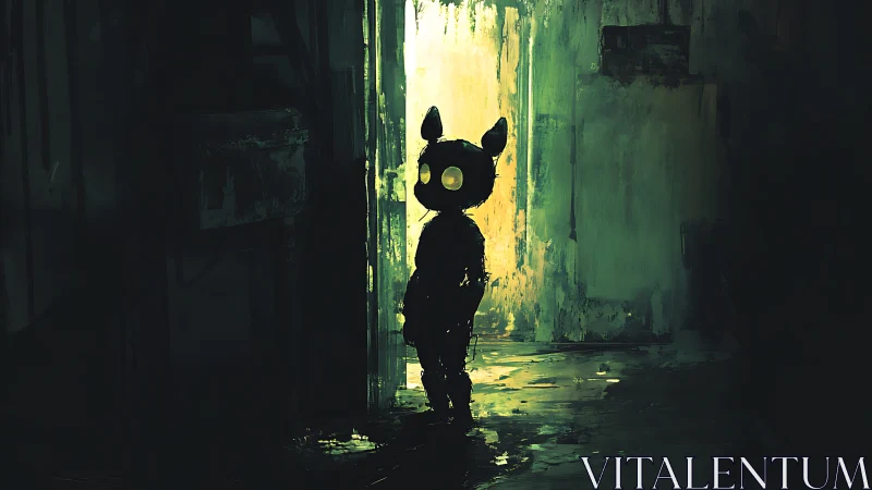 Backlit feline-silhouette figure in decayed industrial corridor