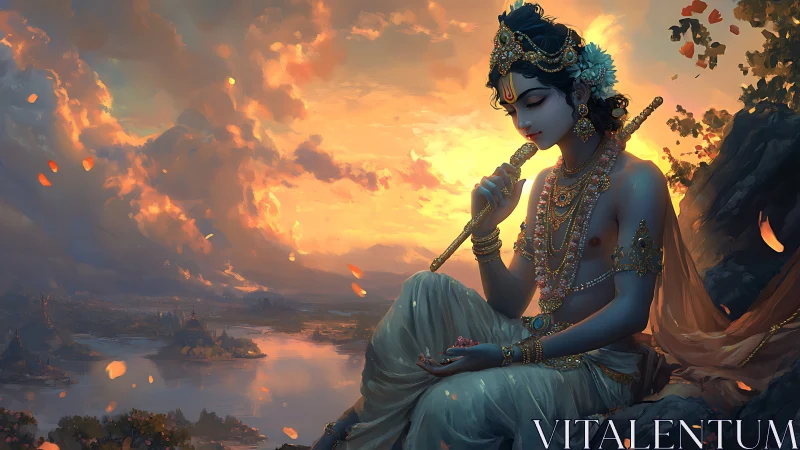 Sunset serenade of a divine flute player by quiet waters.