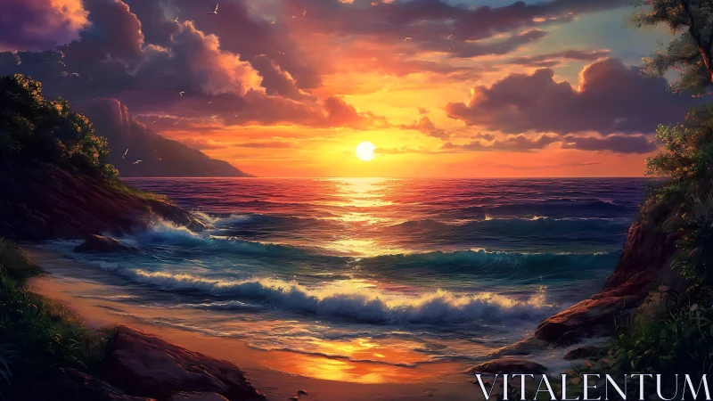 Sunset illuminates waves along rocky tropical shoreline