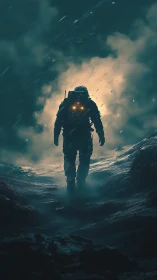 Lone stormwalker astronaut crossing a glowing alien ravine.