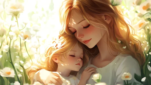 Mother and child embrace peacefully in a bright flower field