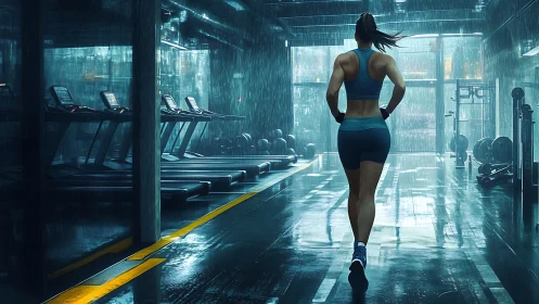 Female athlete runs through cinematic rainy urban gym corridor.