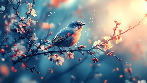 Songbird perches on glowing blossom branch at sunrise