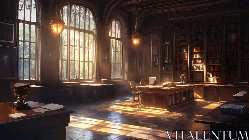 Sunlit mahogany library interior with volumetric light and deep stacks