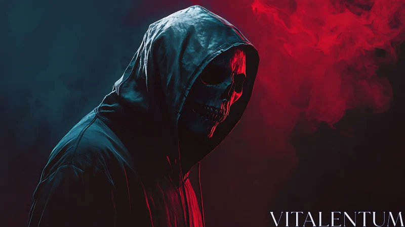 Hooded skull emerges from red smoke in ominous darkness