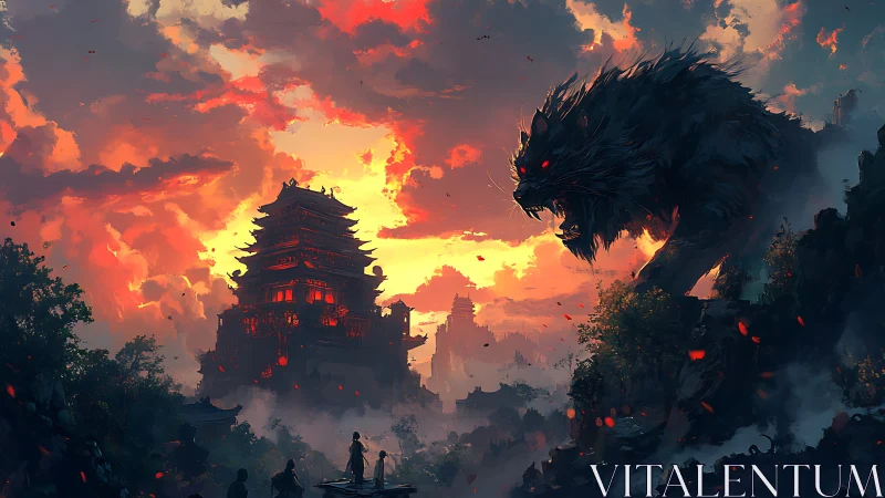 Colossal mythic predator confronting fortified embered citadel.