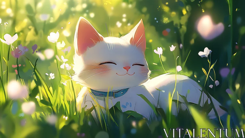Luminous Feline Subject Positioned Within Flowering Meadow Environment.