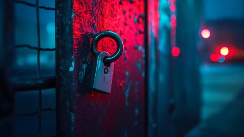 City gate lock glowing in neon night streetlight hush.