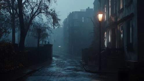 Rain soaked city street glows under solitary warm lamplight