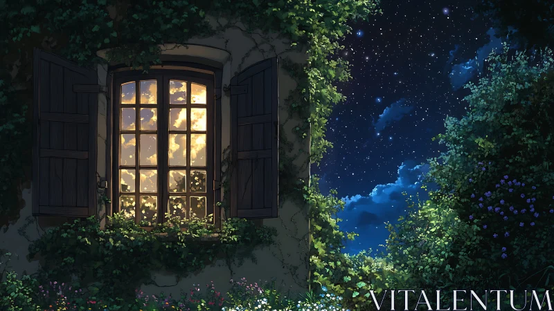 Moonlit garden window with glowing interior contrast.