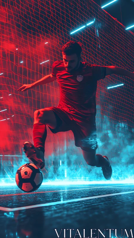 Dynamic soccer striker in neon-lit arena with high contrast lighting