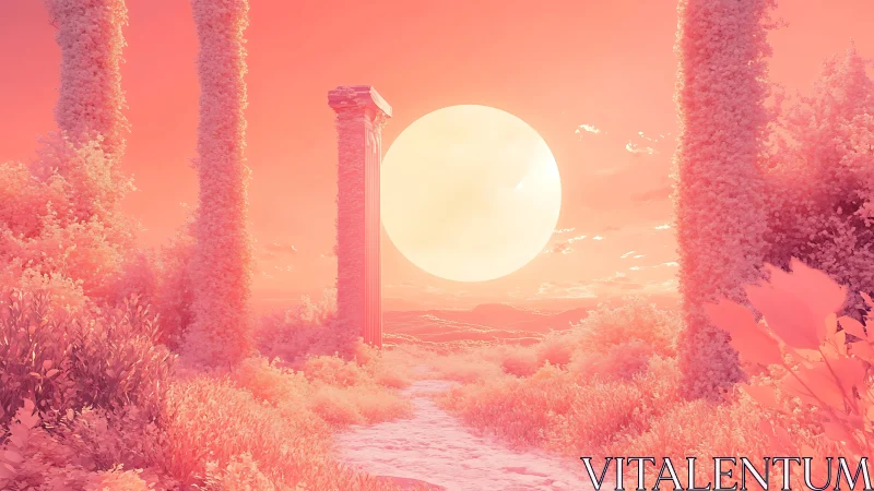 Infrared ruin gateway beneath oversized pastel sun disc