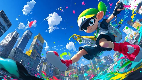 Energetic ink-splattering hero dashes across a sunny city