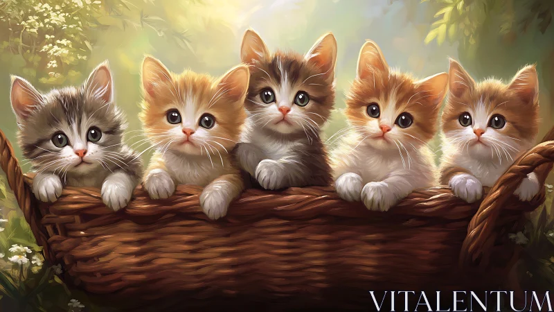 Five Adorable Kittens Perched on Sunlit Wooden Branch