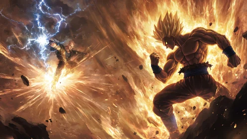 Explosive duel between lightning warrior and blazing titan