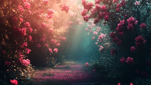 Rose garden corridor lit by golden and cyan atmospheric light