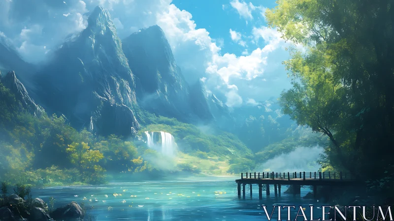 Sunlit mountains cradle a misty lake of tranquil whispers