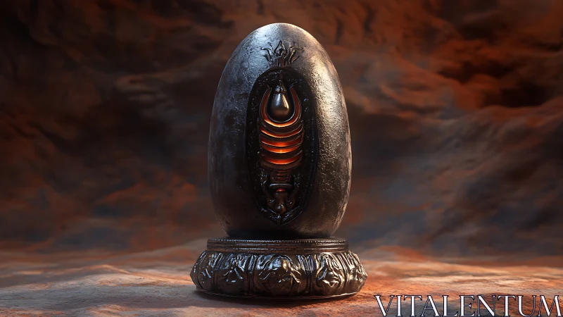 Dark metallic egg-shaped relic with glowing orange core