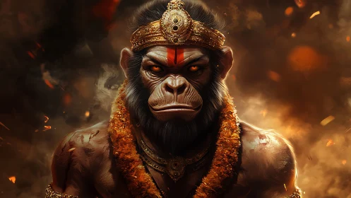 Mythic warrior monkey deity glares through blazing embers