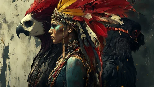 Woman in feathered headdress flanked by bird and beast