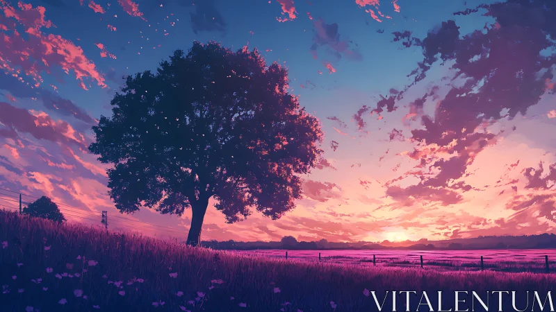 Solitary tree outlined against expansive sunset sky.