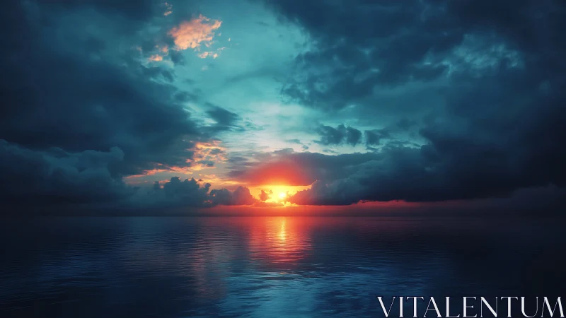 Intense ocean sunset under heavy dramatic storm clouds.