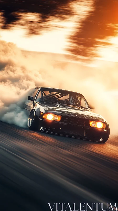 Black coupe executing controlled drift on sunlit track.