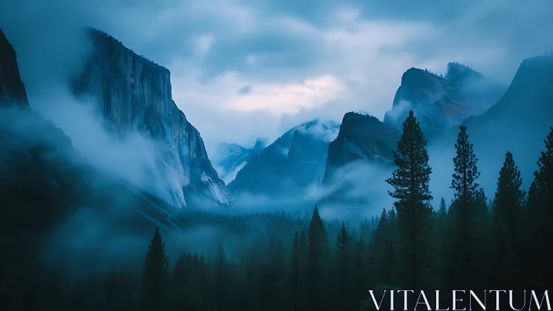 Soft morning mist drifts through calm blue mountain cliffs