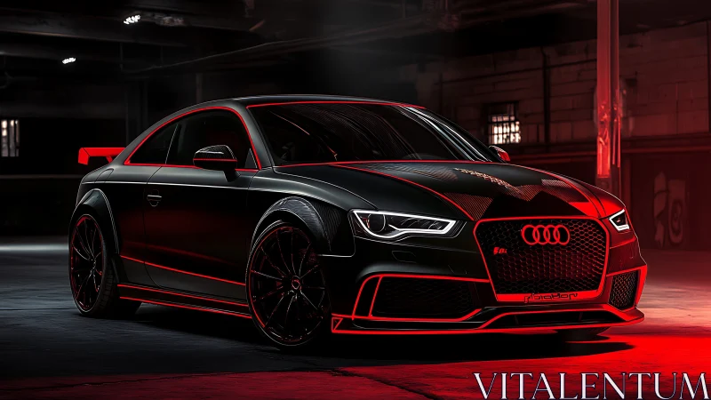 Black Audi coupe with red neon accents in dark warehouse
