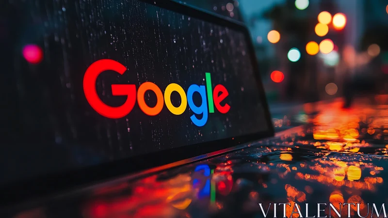 Google logo on wet screen with neon bokeh reflections and shallow depth