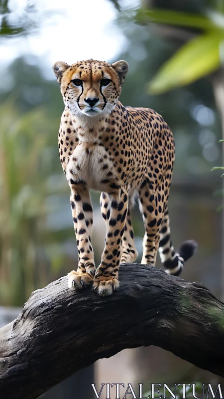 Cheetah standing on curved tree trunk in natural habitat.