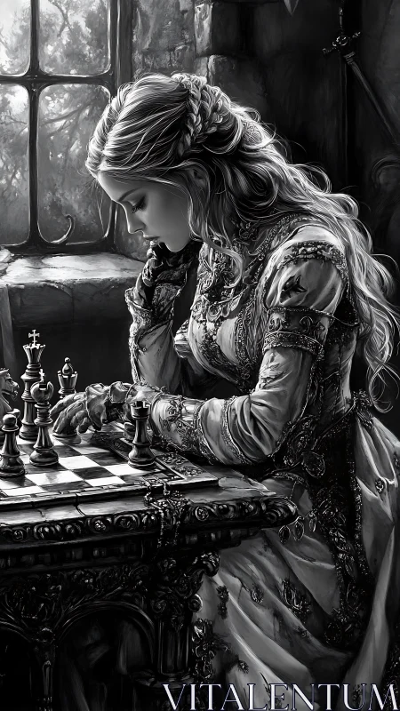 Medieval princess in brocade gown studying ornate chessboard