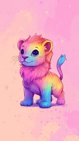 Adorable rainbow lion cub glows against dreamy pastel sky