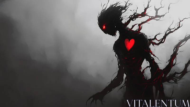 Dark humanoid figure with glowing red heart in mist