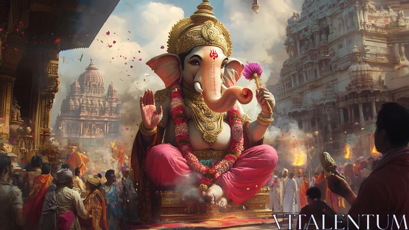 Digital painting of Ganesha amid ornate temple festival processional.