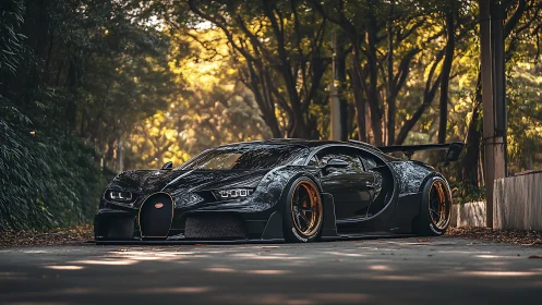 Black hypercar with widebody kit under golden forest canopy.