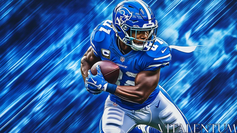 Gridiron ball carrier in blue uniform on dynamic streaked field.