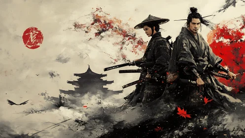 Samurai duel stance before misty temple and red storm.