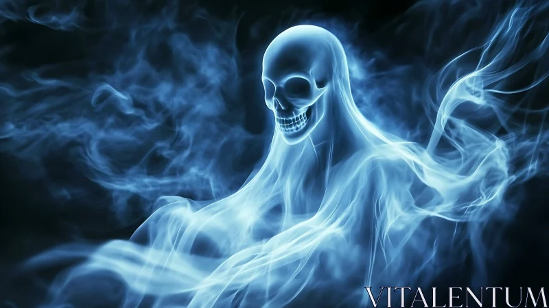 Spectral skull apparition rendered as volumetric blue plasma.