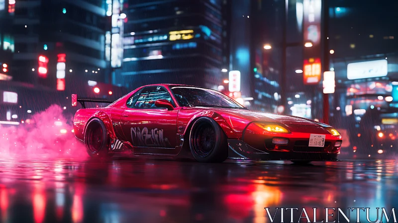 Red drift car in neon city street under heavy rain.
