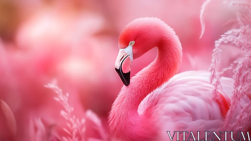Pink flamingo portrait in soft-focus monochromatic habitat.